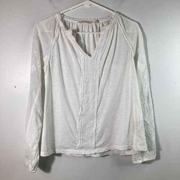 Womens XS Soft Surroundings V Neck Embroidered Mesh Lace Applique Blouse Flaw - Picture 1 of 11